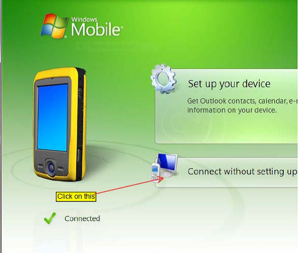 Windows Mobile Device Center connection screen with a rugged yellow field PDA